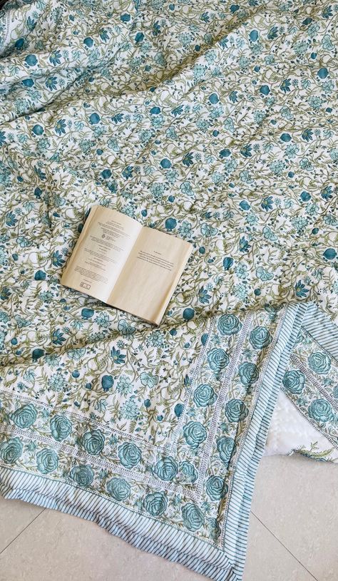 Reversible Jaipuri Rajai, Hand Block Printed Blue Quilt,Light Weight Soft Fine Quilt,Cotton Voile Quilt Floral Print with Cotton Filling by TagaaibyRoshni on Etsy Boho Comforters, Boho Quilt, Blue Quilt, Indian Quilt, Cotton Voile Fabric, Bedroom Quilts, Block Print Quilt, Voile Fabric, Kantha Quilts