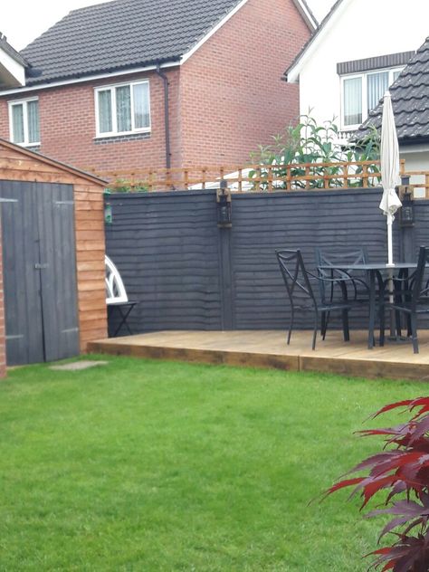 Cuprinol Silver Copse Fence Black Fence Paint, Backyard Bbq Ideas, Building Backyard, Painted Garden Sheds, Garden Fence Paint, Building Fence, Backyard Fence, Bbq Ideas, Backyard Buildings