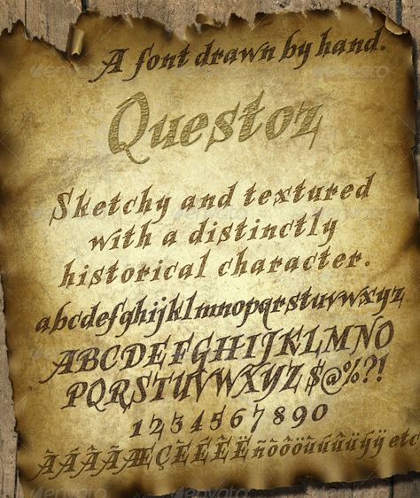 Questoz: Historical Lettering Font  #GraphicRiver         Another hand-drawn typeface, this time with an old fashioned feel. It has a sketchy texture and a strong italic style, and is chunky whilst keeping its lightness. This font is ideal for historical projects; old maps, posters and flyers about dragons and demons, treasure and travel. (The background in this preview can be found in my Paper & Stationery Collection, found on my profile page.)  	 Kerning was extremely difficult to work out in Historical Fonts, Fonts Style, Hand Drawn Typeface, Wallet Art, Decorative Fonts, Professional Fonts, Website Logo, Lettering Alphabet Fonts, Old Maps