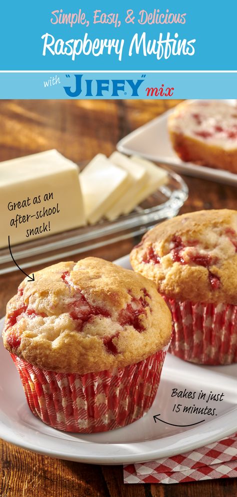 Raspberry Muffins made with "JIFFY" Raspberry Muffin Mix are delicious, easy-to-bake, and make a great after-school snack. Welcome your loved ones home with a fresh batch today! Jiffy Baking Mix Muffins, Jiffy Raspberry Muffin Mix Recipes, Jiffy Muffin Mix Recipes, Martha White Muffin Mix Recipes, Raspberry Muffins Recipe, Martha White Muffin Mix, Muffin Mix Recipe, Jiffy Mix Recipes, Jiffy Recipes