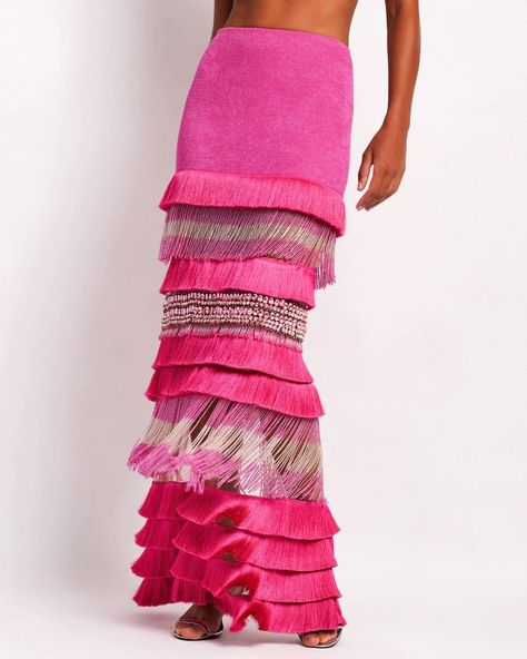 Fringe Skirt, Skirts Online, Beaded Fringe, Fringe Trim, Hand Beading, Style Ideas, Pink Dress, Hand Sewing, Maxi Skirt