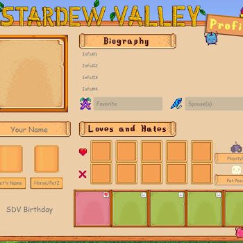 Stardew Valley OC Profile Maker - Life After Grind Stardew Valley Profile Template, Stardew Valley Farmer Profile, Stardew Valley Template, Stardew Valley Character Sheet, Stardew Valley Oc Template, Stardew Valley Printable, Stardew Farmer Oc, Stardew Valley Oc Farmer, Stardew Valley Checklist