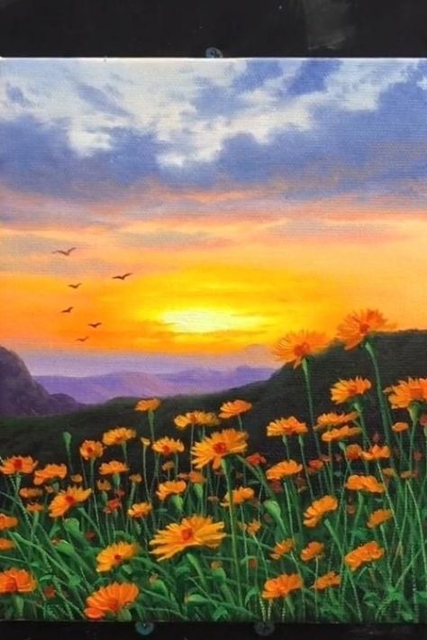 Sunset Wildflower Landscape Acrylic Painting, #Acrylic #Landscape #Painting #Sunset #Wildflo... #nailartideas #nailart Acrylic Sunset, Wildflower Landscape, Lukisan Lanskap, Seni Pastel, Landscape Acrylic, Canvas Painting Tutorials, Kraf Diy, Landscape Paintings Acrylic, Portrait Paintings