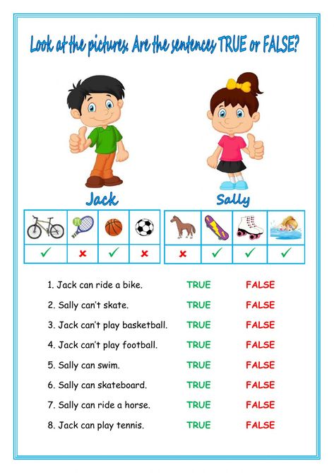 Can or can't online worksheet for Primary 2. You can do the exercises online or download the worksheet as pdf. True Or False Worksheet, I Can I Can't Worksheet For Kids, Can And Can't Worksheet, Can Worksheet, Primary Worksheets, English Primary School, Grammar For Kids, Reading Comprehension Lessons, English Activities For Kids