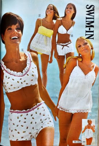 early 1968 fashion from Sears. Kathy McKay, Lucy Angle, unknown model and Cay Sanderson. Late 60s Early 70s Fashion, 1960 Swimwear, 1960s Swimwear, 1968 Fashion, Vintage Beachwear, 70s Mode, Retro Bathing Suits, 1960's Fashion, 60s 70s Fashion