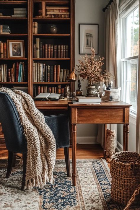 Fall leaf-shaped USB hub on desk Desk With Library, Desk With Pictures On Wall, Nancy Myers Office, English Cottage Home Office, Brown Work Aesthetic, Small Home Office Farmhouse Style, Cozy Home Style, Green Office Inspiration, Woman's Office Ideas