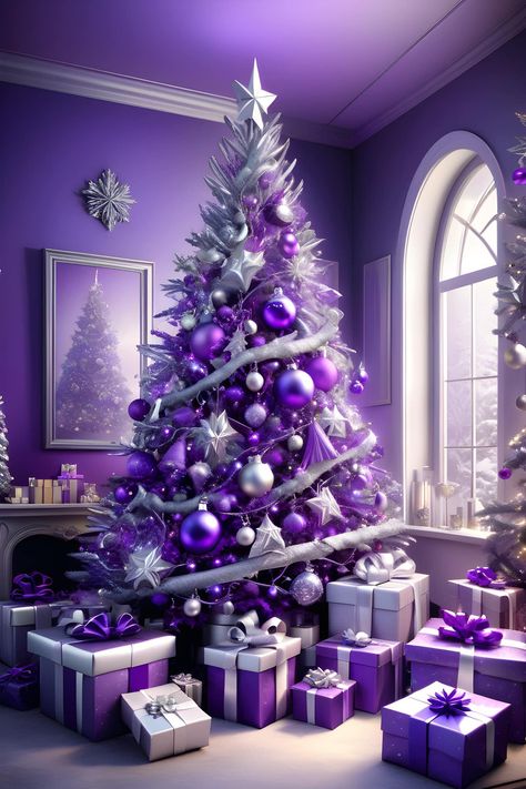 Purple Merry Christmas, 50 Shades Of Purple, Purple Christmas Tree Decorations, Purple Christmas Decorations, Purple Christmas Tree, Christmas Tree Wallpaper, Christmas Dreaming, Xmas Wallpaper, Christmas Scenery