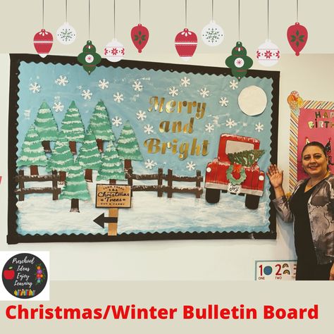 Preschool Bulletin Boards Christmas, 3d Christmas Bulletin Board Ideas, December Holiday Bulletin Board, Christmas Pre K Bulletin Board, Christmas Bulletin Boards For Daycare Classroom Door, Christmas Desk Decorations, Winter Classroom Decorations, Bulletin Board Tree, Christmas Contests