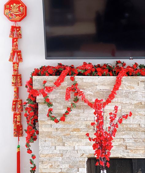 Chinese / Lunar New Year Decor Inspo- chimney mantle decor Chinese Lunar New Year, Christmas Is Over, New Year Decor, Lunar New Year, Mantle Decor, Lunar New, Chinese New Year, Party Themes, The Creator