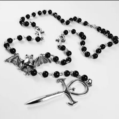 Vampire Rosary, Occult Vamp Gothic Beads Bat Gothic Beaded Jewelry 24 Inches Cross To Bat Length Additional 6.5 Inches Nice Necklace Gothic Bat Necklace, Cross Jewelry Goth, Vampire Knight Necklace, Gothic Jewelry Pearls, Vampire Acssesories, Mallgoth Necklace, Vampire Bite Pearl Necklace, Gothic Accessories Aesthetic, Vampire Goth Accessories