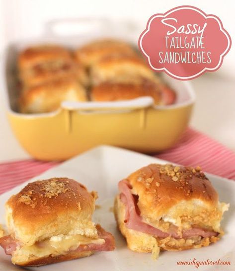 Sassy Tailgate Sandwiches. The perfect party appetizer! Sassy Sandwiches, Tailgate Sandwiches, Tailgating Food, Most Pinned Recipes, New Year's Eve Appetizers, Cheese Sliders, Diy Easy Recipes, Sandwich Ideas, Crockpot Dinners