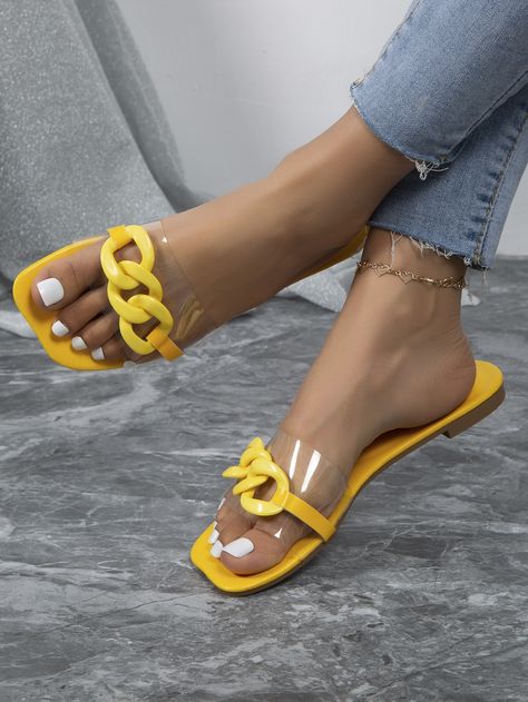 Women Chain Decor Clear Strap Slide Sandals, Glass Funky Sandals Slide Sandals, Sandals, Chain, Glass