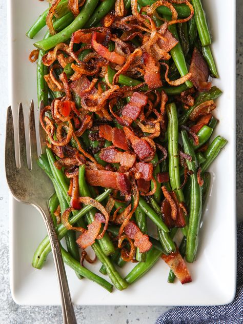 Green Beans with Crispy Shallots and Bacon - Completely Delicious Sour Cream Apple Pie, Green Beans With Shallots, Sweet Cherry Pie, Completely Delicious, Sweet Potatoe Bites, Crispy Shallots, Fried Green Beans, Garlic Green Beans, Potato Bites