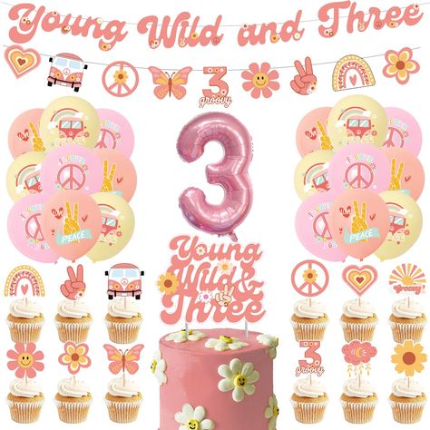 Groovy Third Birthday Party, Three Girl Birthday Party Ideas, Birthday Party For 3 Year Girl, Groovy Three Birthday, Young Wild And Three Birthday Girl Boho, 3 Themed Birthday Party Girl, Birthday Party Ideas For 3 Year Girl, 3 Rd Birthday Party Ideas Girl, Girl Three Year Old Birthday Theme