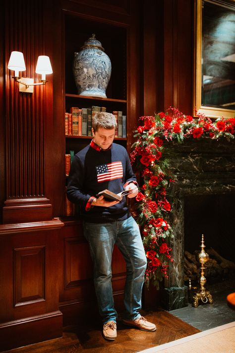 Mitch's Outfit: Ralph Lauren American Flag Sweater and Duffle Coat c/o Ralph Lauren Guys Aesthetic, Mens Christmas Outfit, Polo Ralph Lauren Holiday, Men’s Ralph Lauren Outfit, Polo Ralph Lauren Christmas Pajamas, Christmas Outfit Ideas For Men, Boat Shoes Outfit, Old Polo Ralph Lauren Ads, Ralph Lauren Christmas