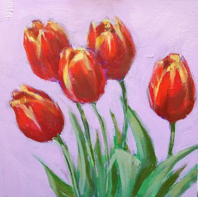 Oil Painting For Beginners Flowers, Red Tulip Painting, Oil Pastel Art For Beginners Flowers, Tulips Painting Easy, How To Paint Tulips, Oil Painting For Beginners Ideas, Oil Paintings For Beginners, Tulips Oil Pastel, Tulip Painting Acrylic Easy