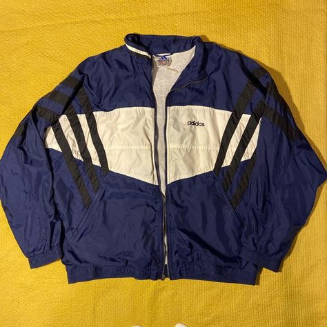 Original vintage adidas 90s windbreaker jacket Two... - Depop 90s Windbreaker, Adidas Windbreaker, Vintage Thrift, Wind Jacket, Blue White And Black, Vintage Adidas, Windbreaker Jacket, Black Stripes, Two Tone