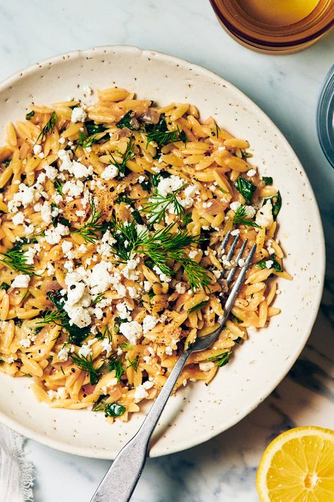 Orzo And Feta Recipes, Lemon Spinach Orzo, Lemon Feta Orzo, Orzo With Feta, Feta Orzo, Orzo Spinach, Evergreen Kitchen, Lemon Spinach, Spinach Orzo