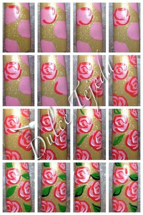 photo tutorial for painting roses. #nailart #diy Roses On Nails, Paint Roses, Basic Flower, Kids Nail Designs, Painting Roses, Rose Nail Art, Floral Nail Designs, Lovely Nails, Nail Polish Art