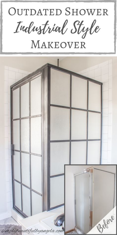 Outdated Shower Industrial Style Makeover Corner Shower Door Replacement, Stand Up Shower Makeover Diy, Painting Glass Shower Doors, Diy Shower Door Makeover, Cheap Shower Remodel, Diy Shower Door, Action Diy, Diy Doors, Bathroom Things