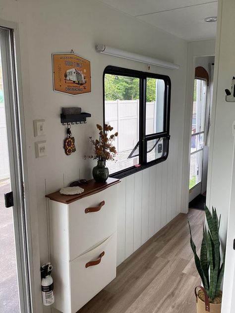 RV Storage, Space and Organizing Ideas | Not a big thing, but I thought I’d share my IKEA Thrones hack and solution to keeping shoes organized by the door | Facebook Rv Coat Storage, Rv Door Ideas, Ikea Rv Hacks, Ikea Camper Hacks, Rv Shoe Storage, Unfinished Wall, Rv Gadgets, Ikea Trones, Rv Storage Solutions