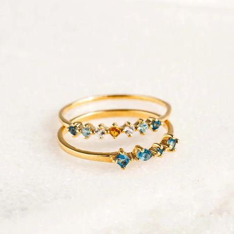 Dainty Gemstone Ring Set | Linjer Jewelry Birthstone Ring Mothers, Multi Gemstone Ring, London Blue Topaz Ring, Detailed Ring, Stacked Jewelry, Solid Gold Jewelry, Pearl Gemstone, London Blue Topaz, Blue Topaz Ring