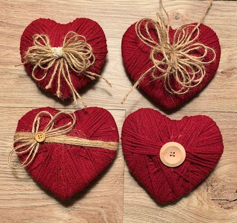 "Materials- Quality yarn, jute twine, wood buttons, lace ribbon, cardboard form. Measurements- 4 1/2\" X 5\"  Description- The listing includes 4 yarn wrapped hearts in a country red. Each is decorated slightly different with jute and jute bows with wood buttons.  Decorating Ideas- Made for ornaments for you main Christmas Tree or an addition to the pencil tree. They look fantastic in dough bowls and tiered trays. Place them in the garland on your mantle.  Shipping Policies- During check out ple Cardboard Hearts, Valentines Day Decor Rustic, Yarn Hearts, Saint Valentin Diy, Valentines Bricolage, Diy Valentine's Day Decorations, Rustic Valentine, Valentine Tree, Diy Valentines Decorations