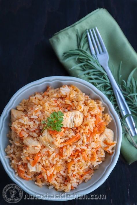 My Mama gave me this chicken plov  (rice pilaf) recipe over the phone. I changed it up just a little with a touch of Cayenne pepper. Traditional plov is  made with lamb pork or beef. This is our own speedy version. Rice Cooker: Where have... Chicken Plov, Ukrainian Dishes, Greek Burgers, Rice Risotto, Moroccan Vegetables, Ukrainian Food, Rice Pilaf Recipe, Pilaf Recipe, Pilaf Recipes