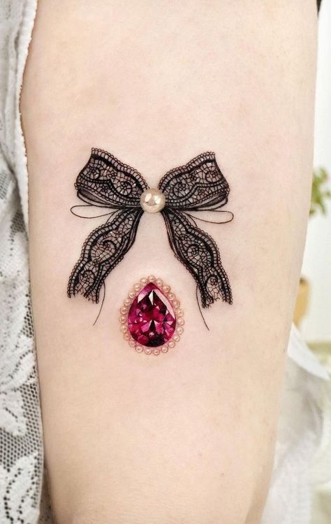 Lace Bow Tattoos, Bubble Tattoo, Lace Tattoos, Candy Tattoo, Bow Tattoo Designs, Jewelry Bow, Gem Tattoo, Stylish Tattoo, Bow Tattoo