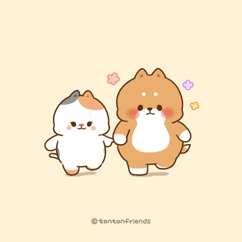 Korean Bday Cake, Ton Ton Friends, Tonton And Friends, Tonton Friends, Ice Cream Milkshake, Cute Chibi Couple, Cartoon Gif, Cut Cat, Chibi Couple