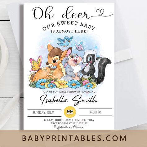 Bambi Gender Reveal Ideas, Bambi Baby Shower Invitations, Bambi Baby Shower Ideas Boys, Bambi Themed Baby Shower Ideas, Bambi Party Ideas, Forest Friends Baby Shower Ideas, Bambi Invitation, Bambi Baby Shower Ideas, Ombre Backdrop