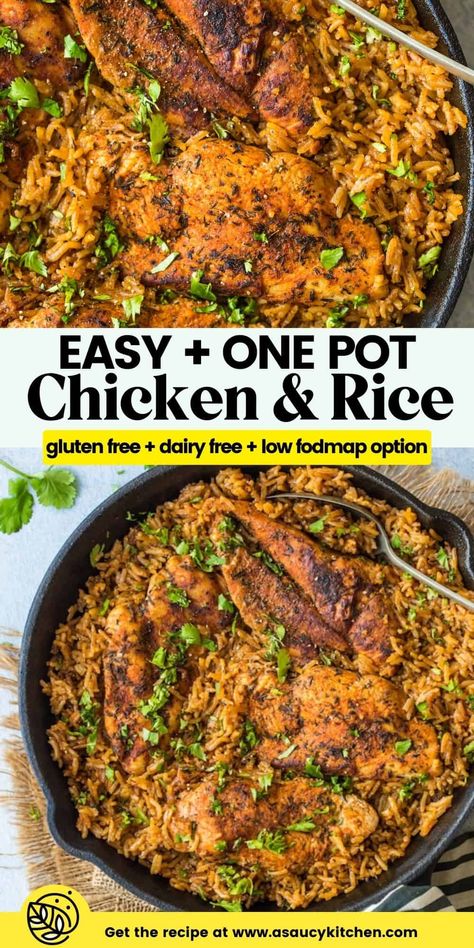 A simple and delicious one-pot chicken and rice dish made with a few herbs and spices and a pop of lemon! This dish is prepped and cooked all in one pan in about 30 minutes with simple ingredients making it a great recipe to enjoy on busy weeknights! | Gluten Free + Dairy Free + Low FODMAP option Gluten And Dairy Free Chicken And Rice, Low Fodmap Chicken Casserole, Gluten Free Dairy Free Low Fodmap Recipes, Dairy Free Low Fodmap Recipes, Low Fodmap Rice Bowl, Low Fodmap One Pan Meals, Low Fodmap Low Histamine Recipes, Non Dairy Chicken Recipes, Ibs Friendly Dinner Recipes