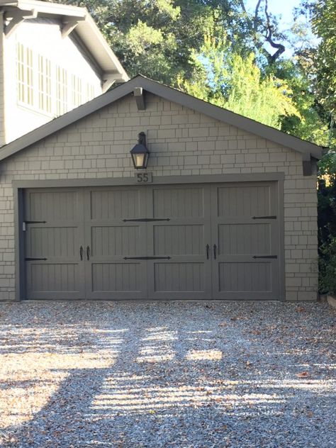 craftsman garage doors - painted Tan Siding Black Garage Door, Garage Door No Windows, Craftsman Style Garage Doors, Lean To Ideas, Black Garage Door, Unique Garage Doors, Exterior Garage Door, Garage Door Colors, Double Garage Door