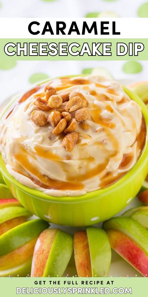 3 ingredients are all you need for this Caramel Cheesecake Dip! Sweet, creamy, and crunchy, this dessert dip recipe is also a simple Thanksgiving appetizer everyone will enjoy. Serve it at your Thanksgiving dinner party! Crockpot Sweet Dips, Dessert Dip With Cream Cheese, Salted Caramel Dip, Carmel Dip Recipes, Thanksgiving Dips Easy, Christmas Fruit Dip, Thanksgiving Appetizer Recipes Easy, Dipsgiving Ideas, Thanksgiving Dessert Dips