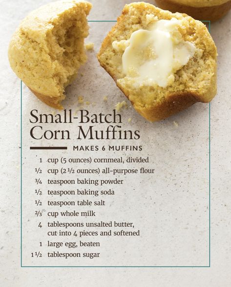 Small batch corn muffins Prune Recipes, Cornmeal Recipes, Cornmeal Muffins, Cookie Toppings, Best Pizza Dough, Corn Muffins, Cooks Illustrated, Baking Cupcakes, Bread And Pastries