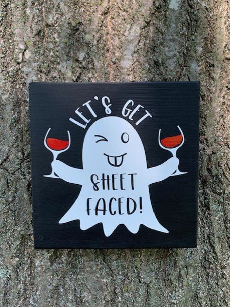 Ghost+Halloween+Decor+Wine+Lovers+Lets+Get+Toasted+Sign+Wood+Vinyl+Fall+Home+Decor Halloween Signage, Halloween Alcohol, Ghost Halloween Decor, Halloween Wine Glasses, Alcohol Signs, Glasses Of Wine, Face Home, Funny Home Decor, Halloween Wine