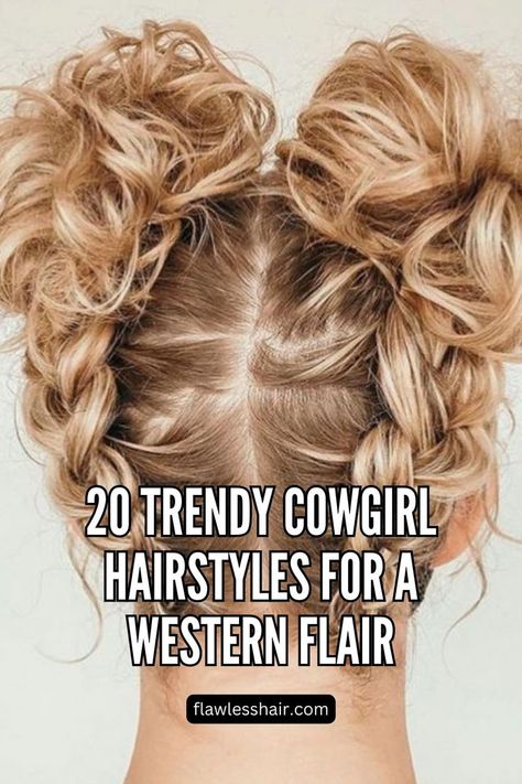 Braided Space Buns Cute Concert Hairstyles Updo, Cowgirl Style Hairstyles, Showmanship Hairstyles, Cattle Show Hairstyles, Fun Hairstyles To Try, Easy Cowgirl Hairstyles, Catering Hairstyles, Country Western Hairstyles, Hair Styles For A Concert