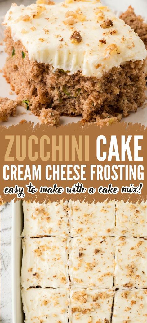 This moist and easy Zucchini Cake starts with a 'doctored up' spiced cake mix and it's topped with a tangy and sweet cream cheese frosting. A delicious way to use summer's bounty of zucchini! Zucchini Sheet Cake Recipe, Carrot Cake Sheet Cake, Zucchini Cake Recipe, Cake Sheet, Zucchini Cakes Recipe, Homemade Snickers, Cream Cheese Frosting Recipe, Cake With Cream Cheese Frosting, Leftover Cake