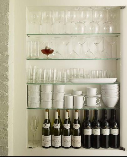 glass Wine Glass Storage, Dining Room Shelves, Bar Shelves, Bubbly Bar, Kitchen Nook, Bathroom Spa, Neat And Tidy, Kitchen Pantry, Glass Shelves