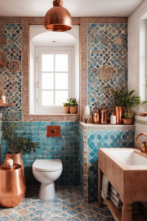 Bring exotic charm to your small bathroom with intricate Moroccan tiles and warm copper details. A vacation vibe in your own home. #MoroccanStyle #SmallBathroom #ExoticDesign Bathroom Tiles Moroccan, Moroccan Themed Bathroom, Mediterranean Small Bathroom, Riad Bathroom Moroccan Style, Turkish Bathroom Design, Small Moroccan Bathroom Ideas, Mediterranean Tiles Bathroom, Portuguese Bathroom, Portuguese Tiles Bathroom