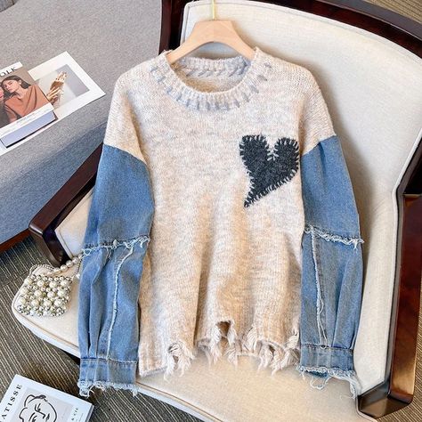 Embrace boldness and romance with our Cozy Heart Patch Pullover! Combining classic knitted textures with modern patchwork, this pullover features a heart-shaped patch to add playfulness to its design. Made with high-quality wool and soft denim, it offers both warmth and comfort without being bulky. Its versatile color and skillful placement of denim patches make it an eye-catching addition to any outfit. Take a risk and spice up your wardrobe with this unique pullover! Autumn Winter 2023, Embroidery Sweater, Heart Patches, Patchwork Denim, Stylish Sweaters, Denim Patches, Women Sweater, Denim Patchwork, Denim Design