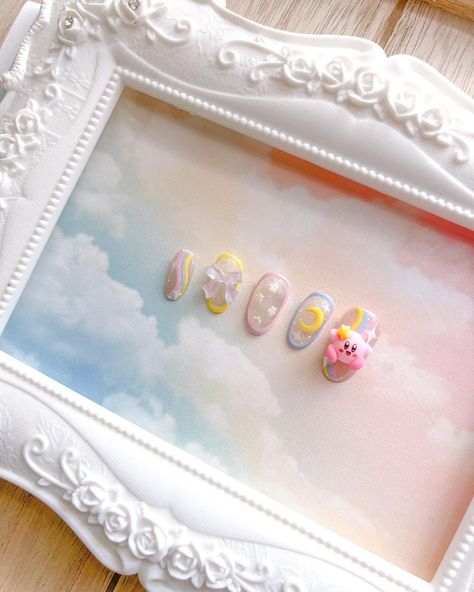 Kirby Inspired Nails, Kirby Nail Design, Just Nails, Kirby Nail Art, Kawaii Set Nails, Kirby Nails, Kawaii Nails Press On, Pink Creature, Nail Korea