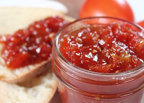 Sweet Tomato Jam Tomato Jam Recipe, Tomato Jam, Recipe Sweet, Jam Recipe, Red Chili Flakes, Gluten Free Snacks, Kielbasa, Roma Tomatoes, Chili Flakes