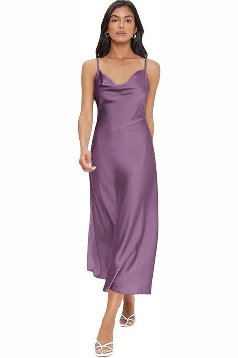 Women's Spaghetti Strap Cowl Neck Long Slip Satin Silk Midi Dress Wedding Guest Color Palette, Saree Into Dress, Slip Outfit, Grad Outfit Ideas, Mrs Wilson, Shirts And Skirts, Dresses Red Carpet, Grad Outfits, Purple Bridesmaid