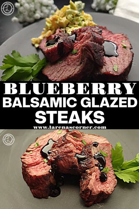 Blueberry Balsamic Glazed Steaks. Two photos. One is with blueberry balsamic glaze on top of sliced beef with coleslaw. Bottom photo is with three slices of beef with glaze on top of it. Blueberry Balsamic Recipes, Blueberry Balsamic Glaze, Blueberry Balsamic Vinegar, Basalmic Glaze, Glazed Steak, Balsamic Vinegar Glaze, Balsamic Glaze Recipe, Blueberry Balsamic, Anchovy Paste