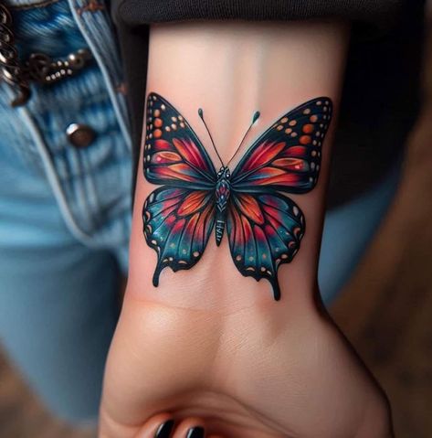 Colour Butterfly Tattoo Designs, Colour Butterfly Tattoo, Neo Traditional Butterfly Tattoo, Piercing Designs, Colour Butterfly, Traditional Butterfly Tattoo, Animal Tattoos For Women, Wrist Tattoo Cover Up, Butterfly Wrist Tattoo