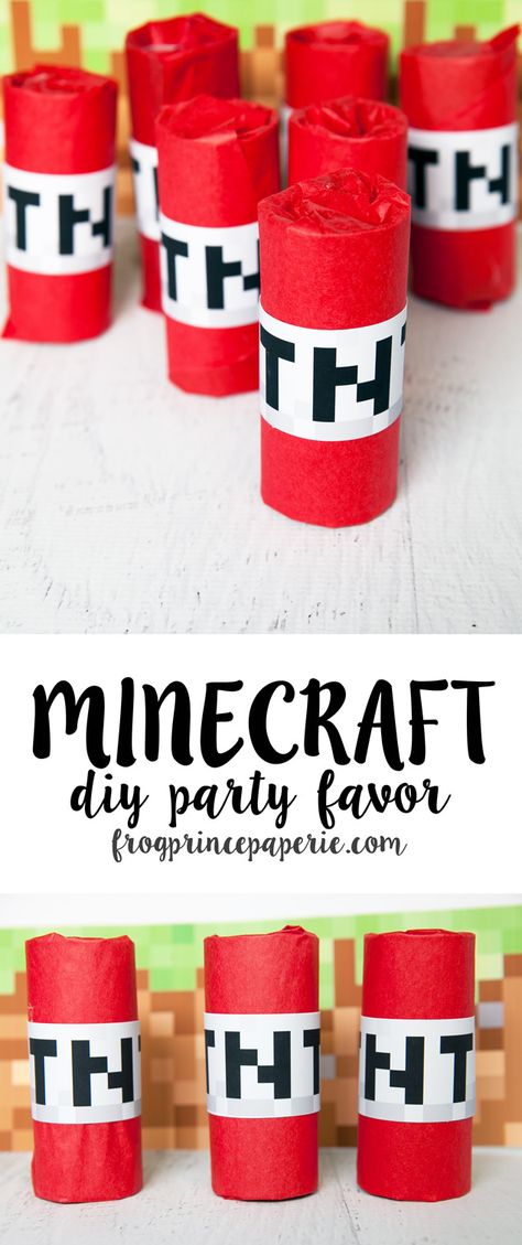 Minecraft Party Favor DIY – TNT! Use empty cardboard tubes, red tissue paper and a printable file to make Minecraft TNT treats. These are great as Minecraft party favors or to give to trick or treaters--it'll make your house the coolest one on the block! Minecraft Tnt Printable Free, Diy Minecraft Party Favors, Minecraft Treats, Minecraft Party Favor Ideas, Minecraft Party Invitations, Diy Kids Party Favors, Minecraft Party Games, Minecraft Party Food, Minecraft Party Printables