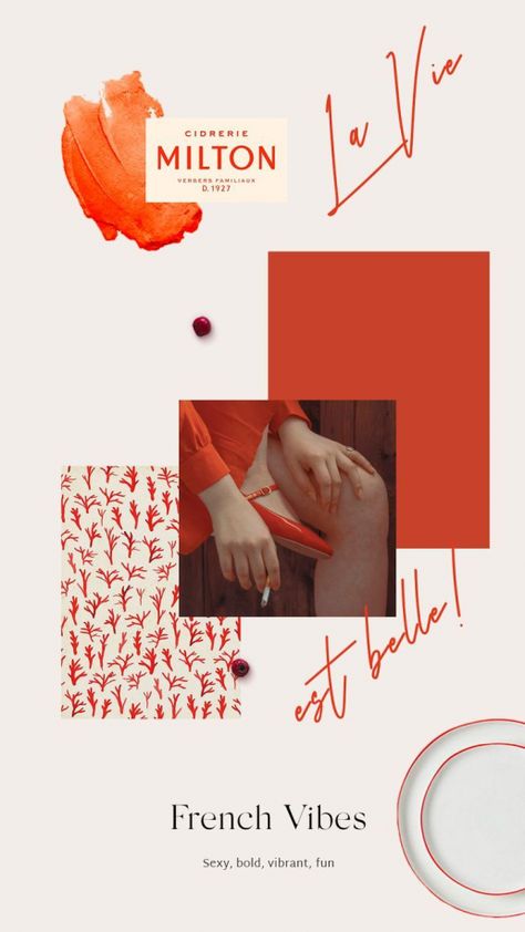 Bold Feminine Branding Color Palettes, Coral Red Color Palette, Feminine Brand Identity, French Mood Board, Bold Feminine Branding, Moodboard Elegant, Elegant Moodboard, Color Mood Board, Color Palette Bold