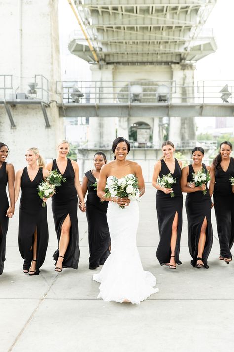 Black Bridesmaids Dresses | Summer Wedding at The Bridge Building Black Bridesmaid Dress Summer, Moody Modern Wedding, Black Bridesmaids Dresses, Moody Modern, Party Dress Inspiration, Modern Wedding Ceremony, Black Bridesmaid, Black Bridesmaids, All Black Dresses