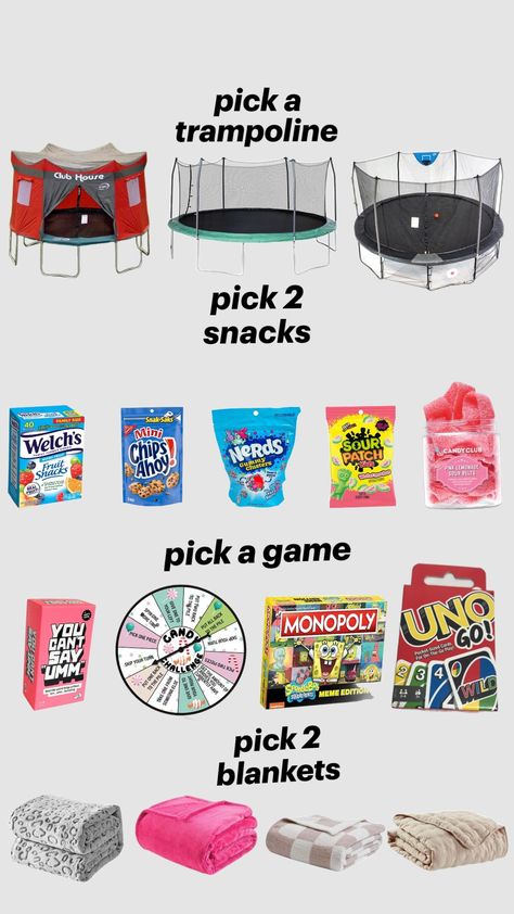 pick a trampoline sleepover Trampoline Sleepover Ideas, Trampoline Sleepover, Sleepover Stuff, Trampoline Party, Birthday Sleepover Ideas, Making A Gift Basket, Sour Belts, Birthday Sleepover, Sleepover List